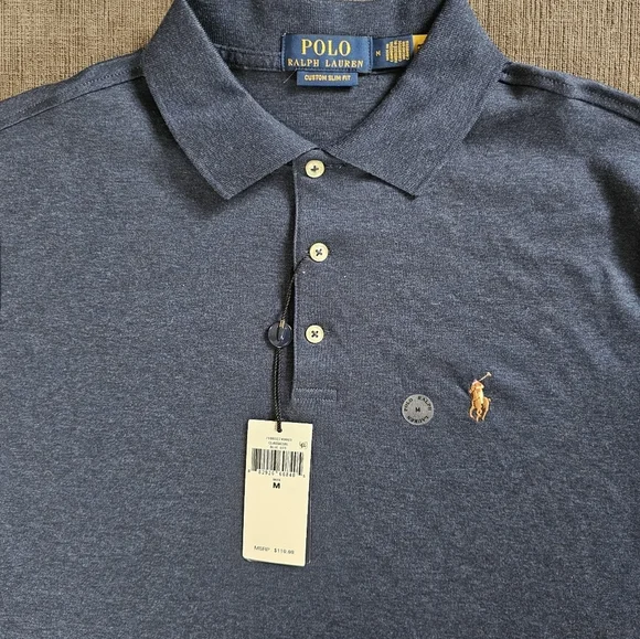Polo Ralph Lauren Custom Slim-fit cotton piqué Heather Blue Men polo shirt Sz M